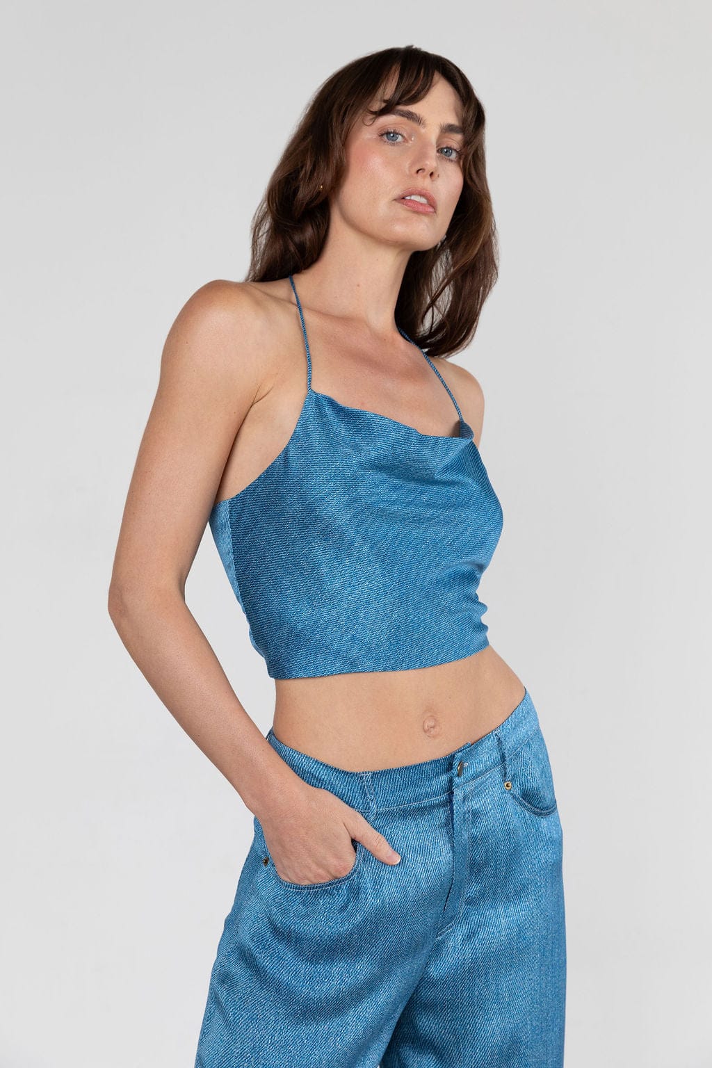 Anaphe Camisole Light Denim Print / XS/S Hera Cross Back Cowl Camisole - Light Denim