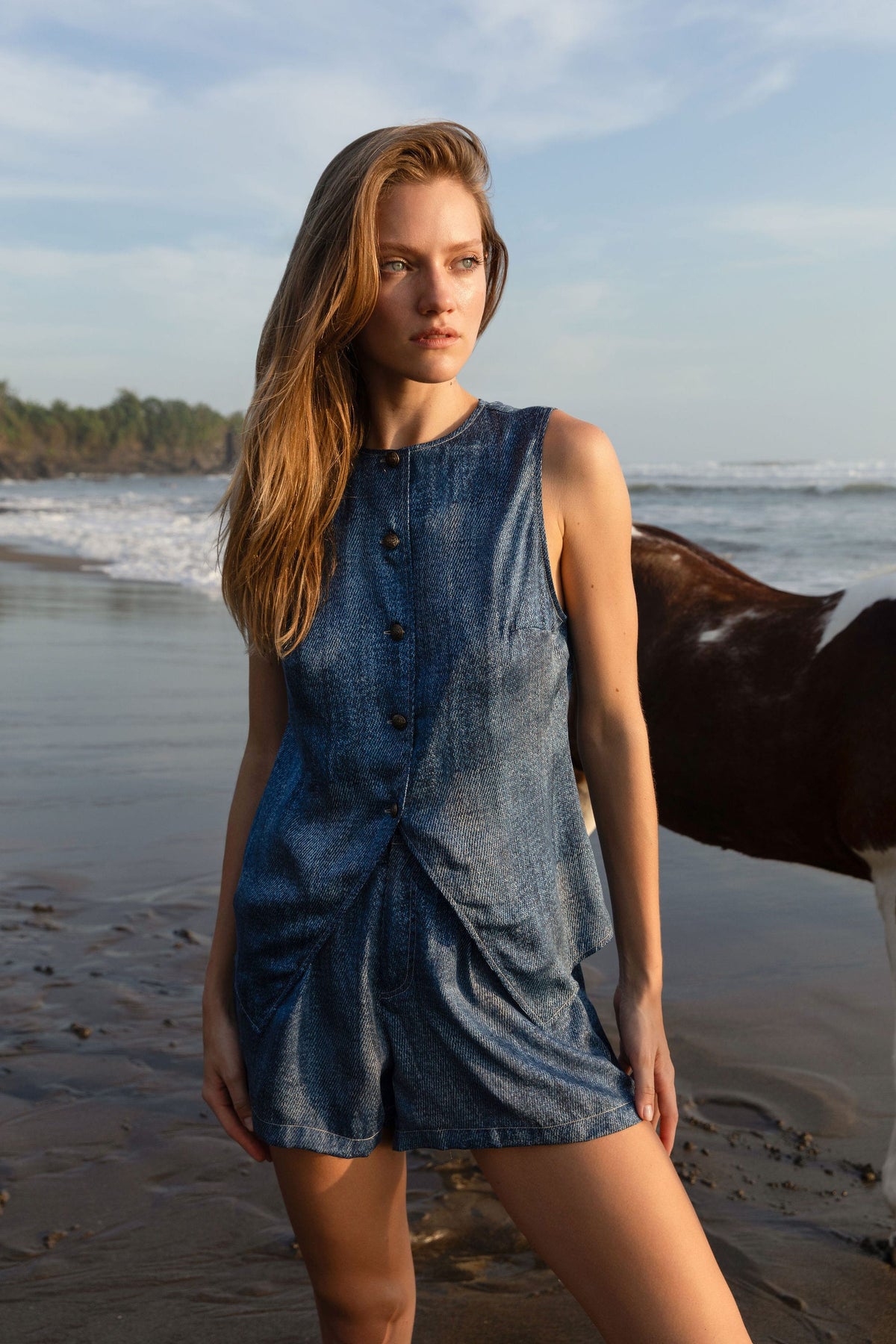 Anaphe Camisole New York Silk Denim Top - Dark Blue Denim