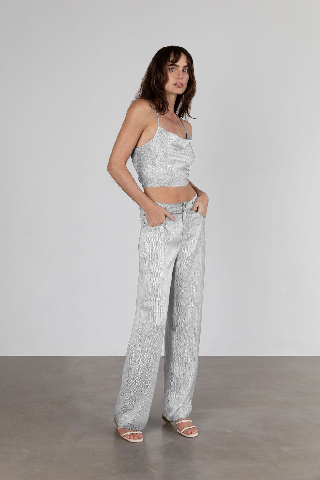 Anaphe Camisole White Denim Print / XS/S Hera Cross Back Cowl Camisole - White Denim