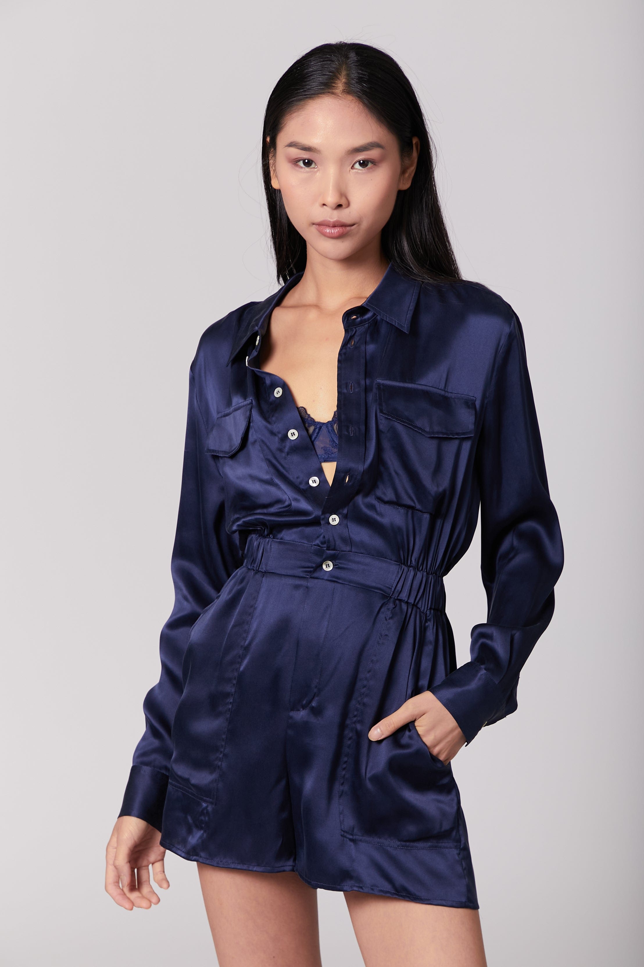 Anaphe Jumpsuit Utility Silk Romper Jumpsuit Short - French Navy Blue