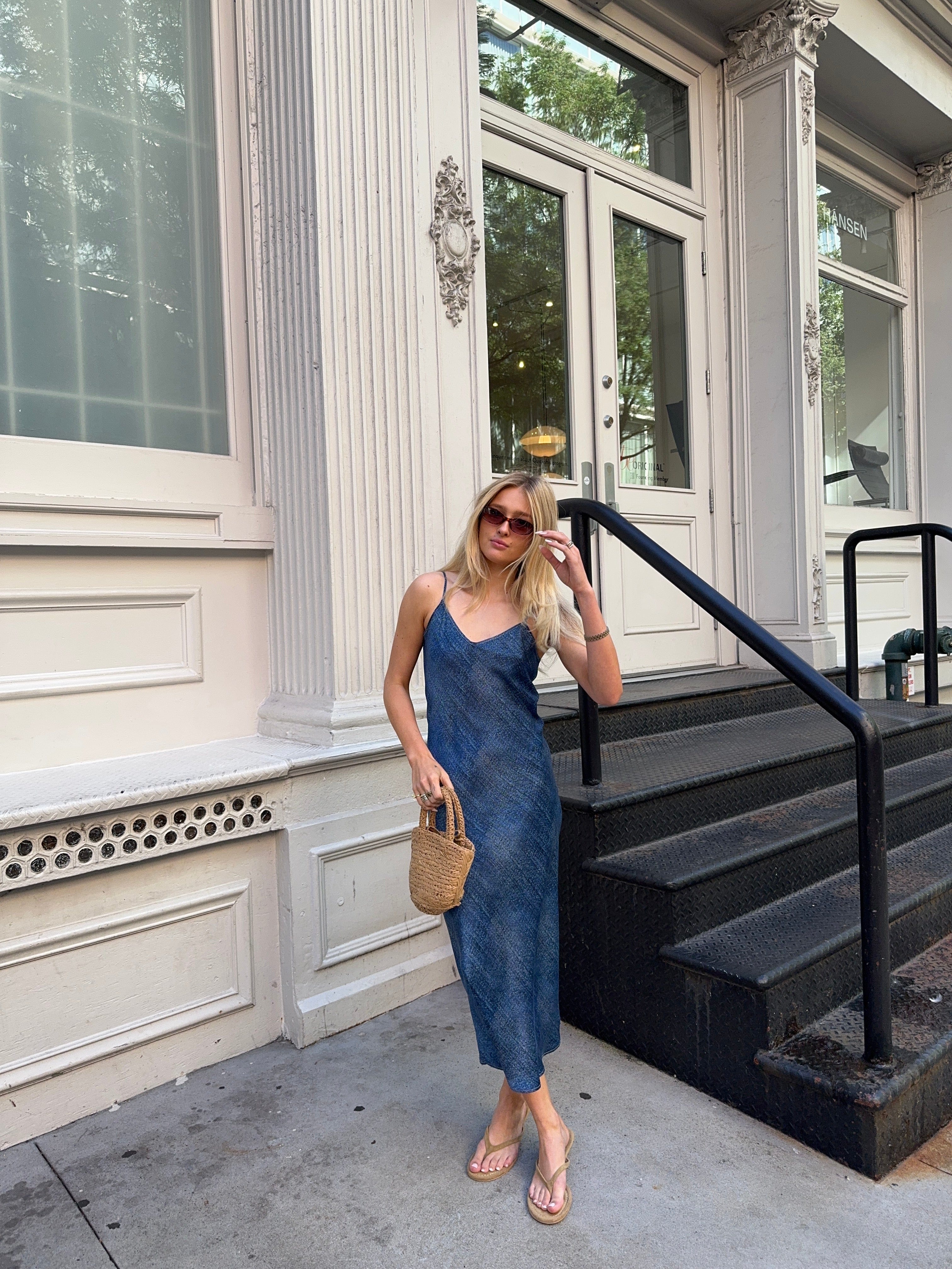Anaphe Long Dress 90s Icon V Slip Dress - Dark Denim