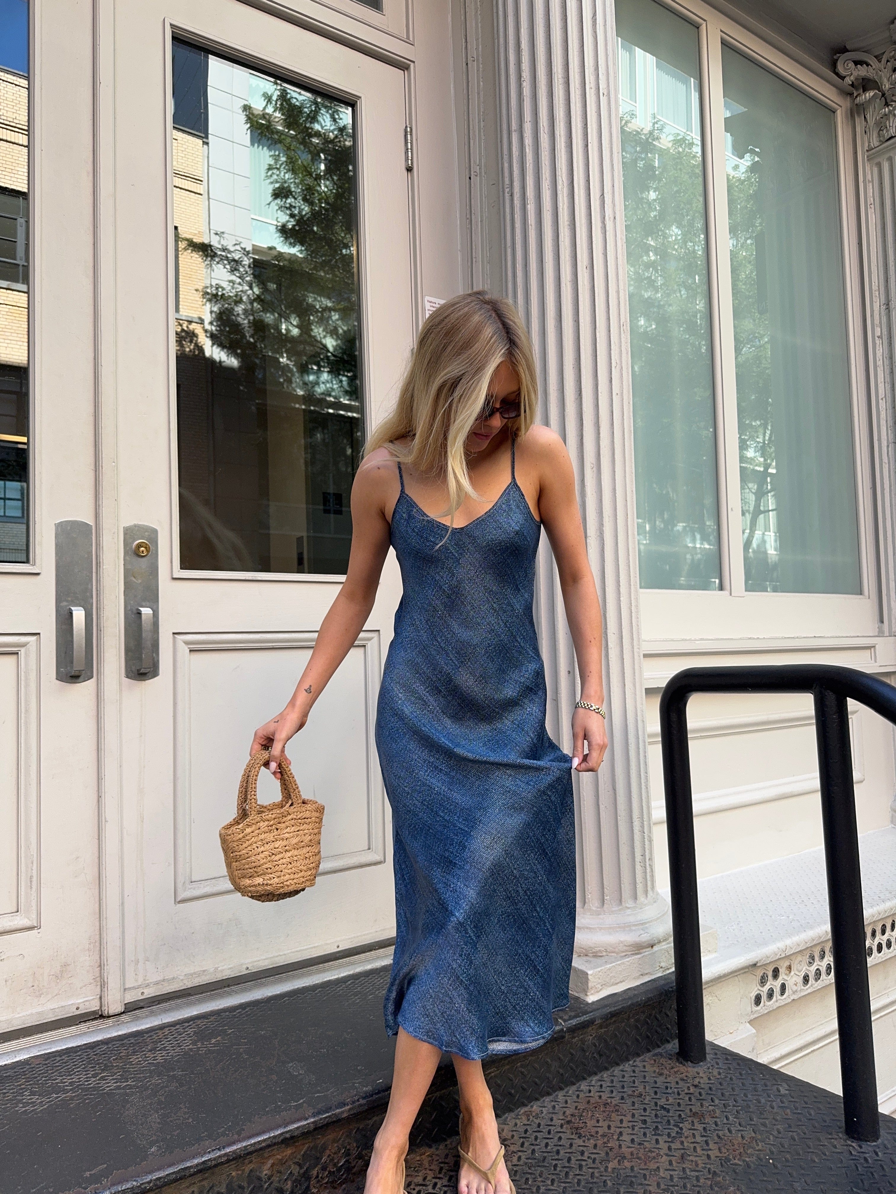 Anaphe Long Dress 90s Icon V Slip Dress - Dark Denim