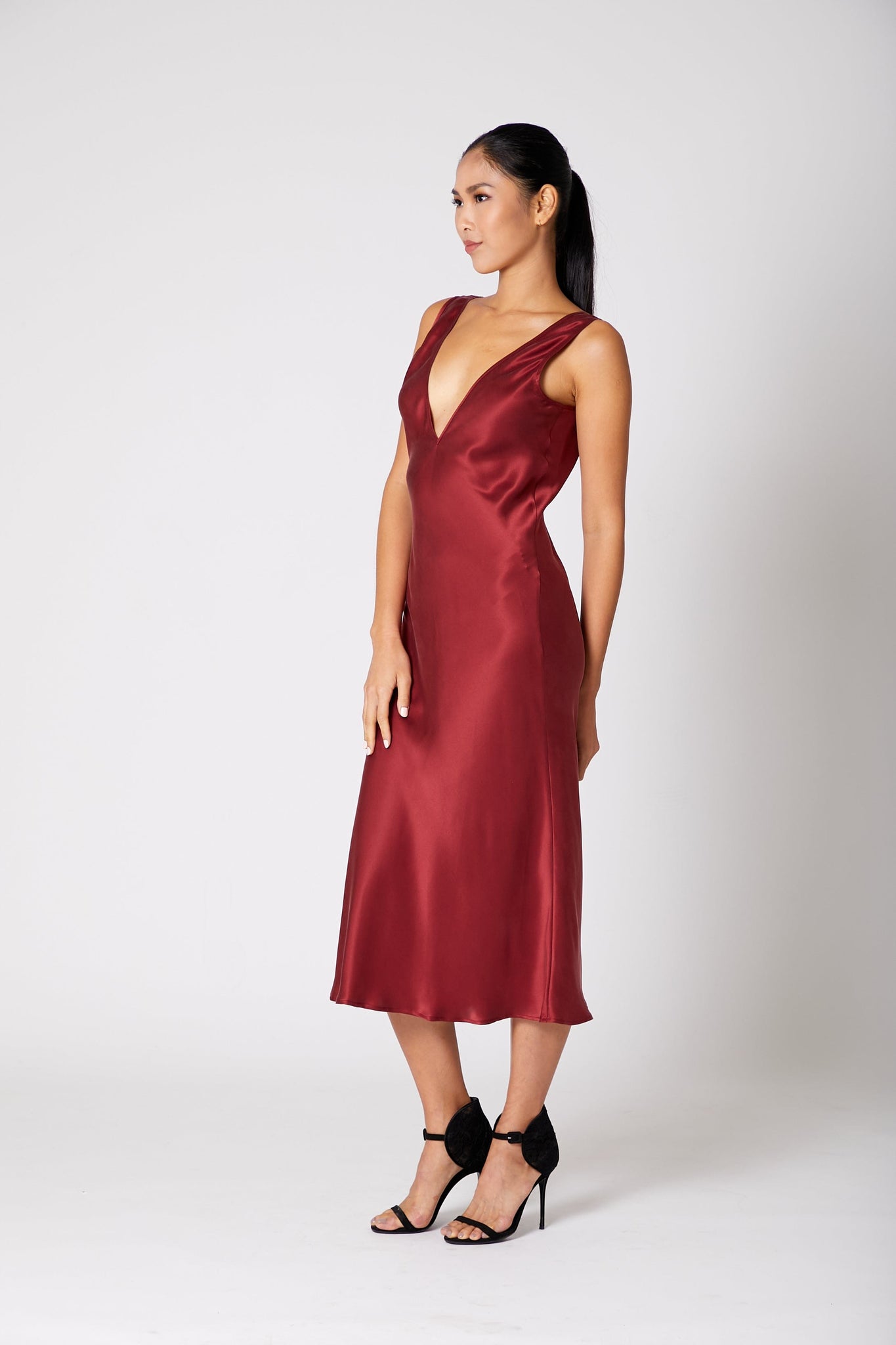 Wine red silk dress hotsell