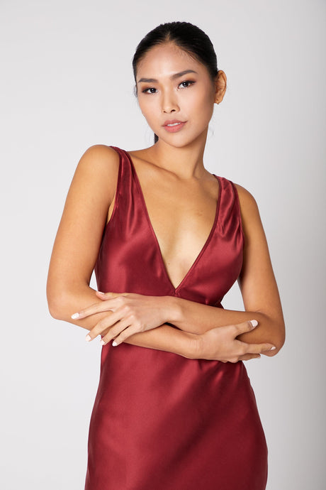 Anaphe Long Dress L Deep V Reversible Silk Slip Dress - Red Wine