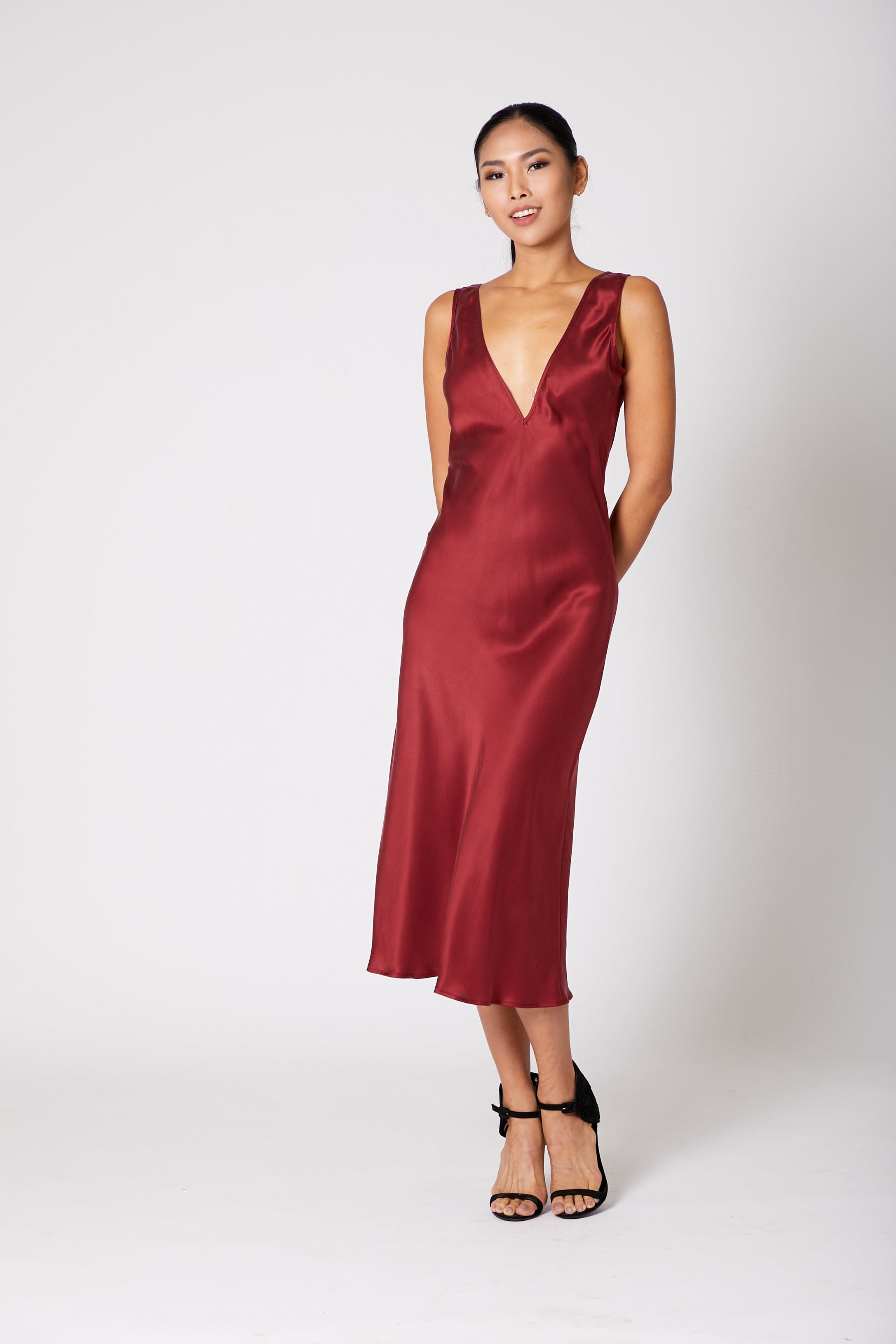 Anaphe Long Dress M Deep V Reversible Silk Slip Dress - Red Wine
