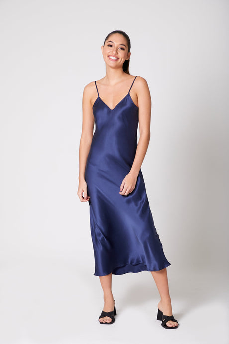 Anaphe Long Dress Maxi V Silk Slip Dress Twilight - Navy Blue