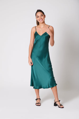 Anaphe  Long Dress V Silk Slip Dress - Evergreen