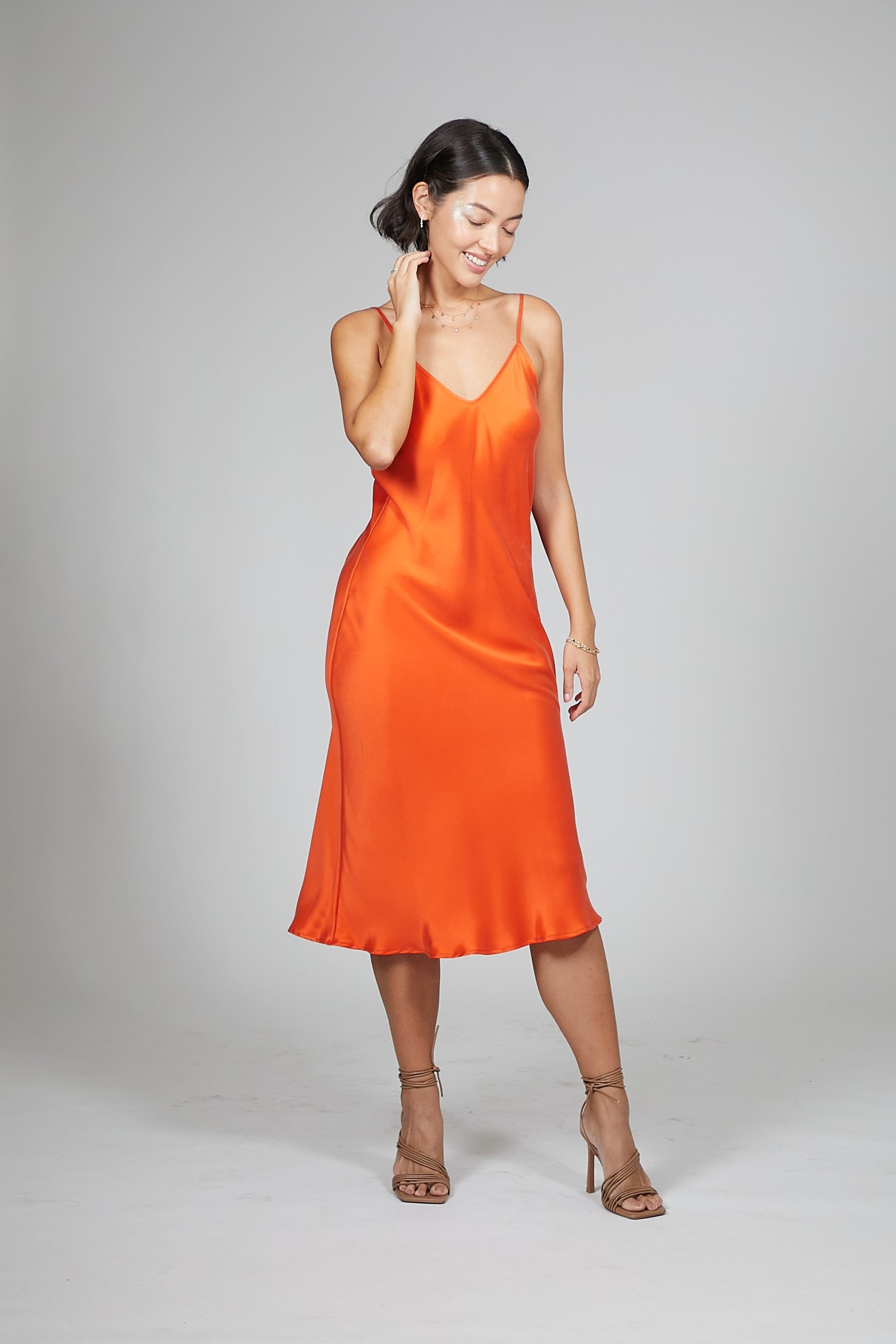 V Silk Slip Dress Sunset Orange Anaphe