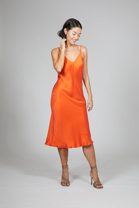 Anaphe Long Dress V Silk Slip Dress - Sunset Orange