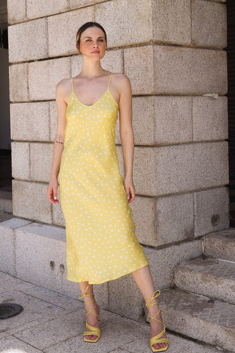 Anaphe Long Dress V Silk Slip Dress Sunshine Yellow Dot Print