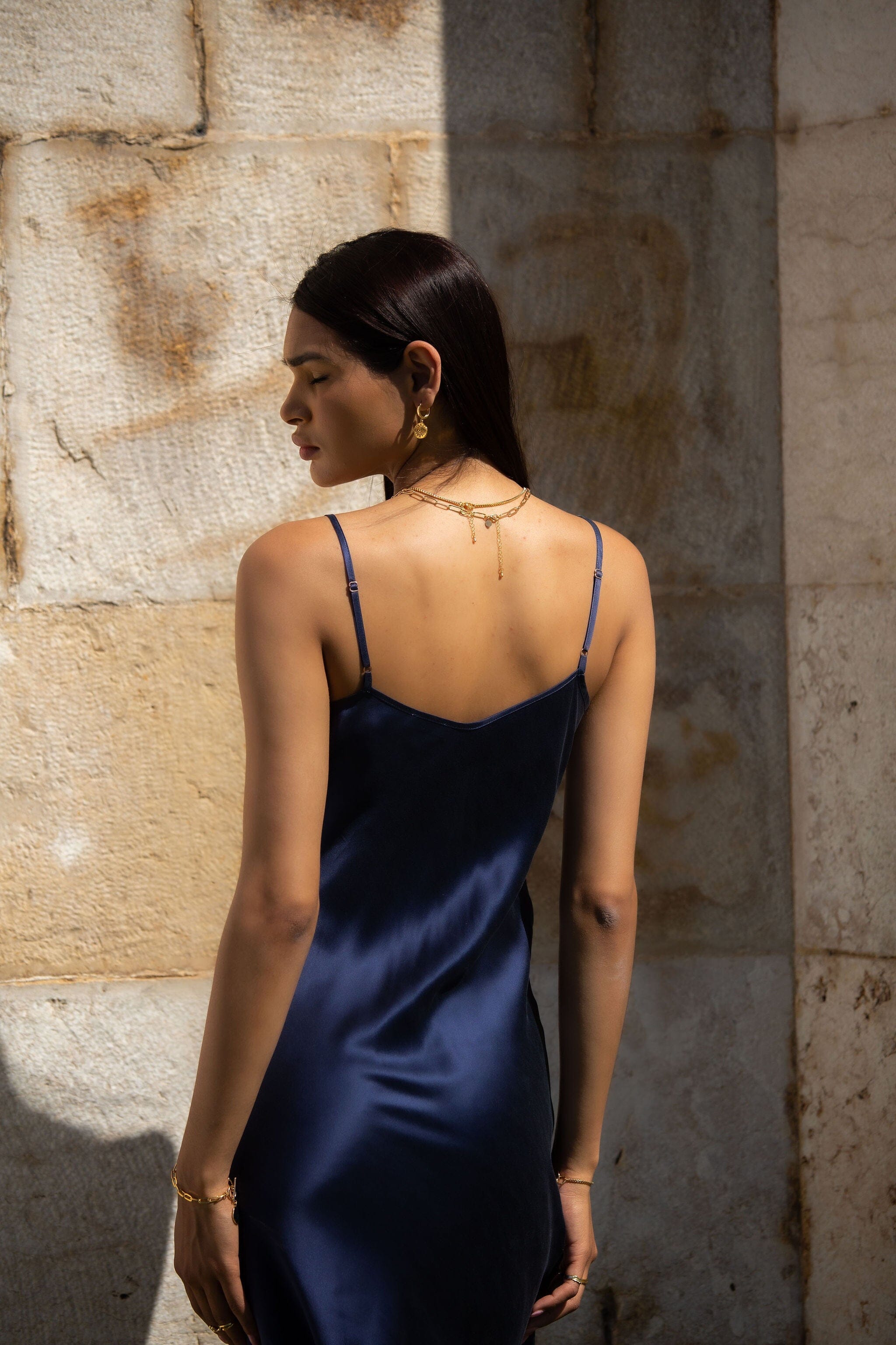 Anaphe Long Dress V Silk Slip Dress Twilight - French Navy Blue