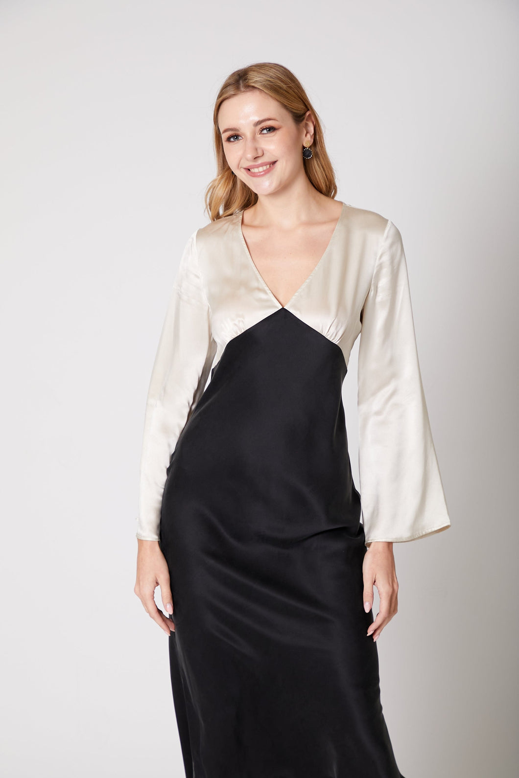 Anaphe Long Dress XS Mood Silk Bias Cut Long Sleeve Dress - Classic Black & Sand