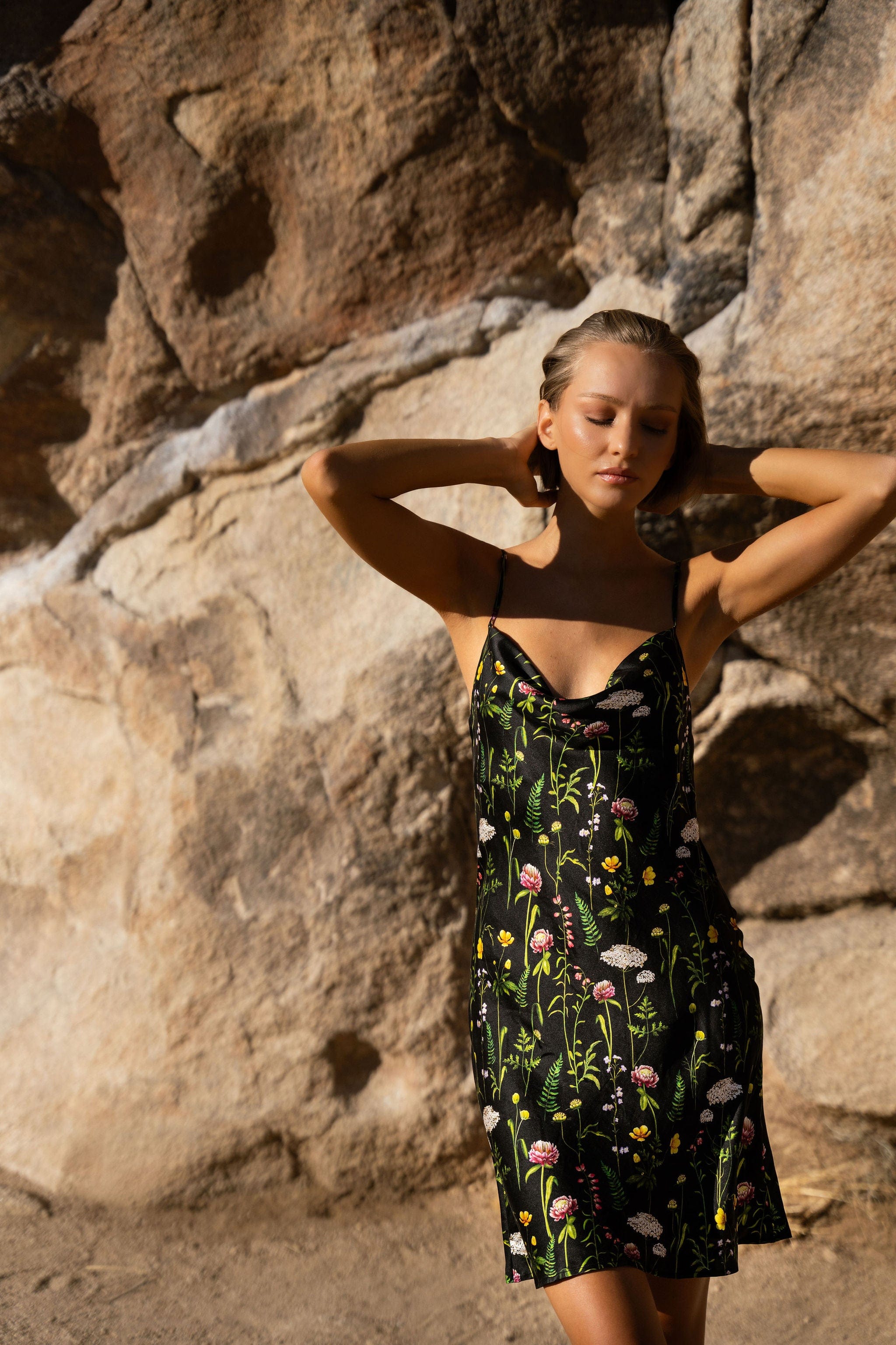 Anaphe Mini Cowl Dress 60s Silk Cowl Mini Slip Dress - Enchanted Print