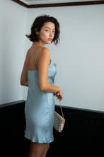Load image into Gallery viewer, Anaphe Mini Cowl Dress 60s Silk Cowl Mini Slip Dress - Morning Mist Blue

