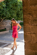 Load image into Gallery viewer, Anaphe Mini Cowl Dress Repurposed Silk Cowl 60&#39;s Mini Slip Dress - Fuchsia Pink

