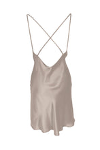 Load image into Gallery viewer, Anaphe Mini Cowl Dress Taupe San Marino Backless Cross Strap Silk Cowl Mini Slip Dress
