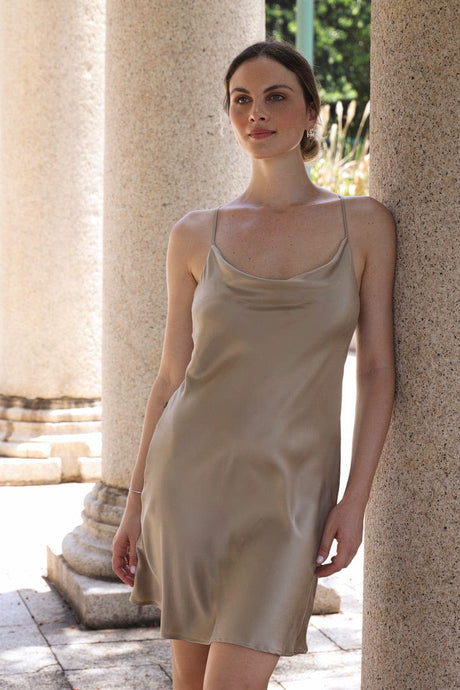 Anaphe Mini Cowl Dress XS Taupe San Marino Backless Cross Strap Silk Cowl Mini Slip Dress