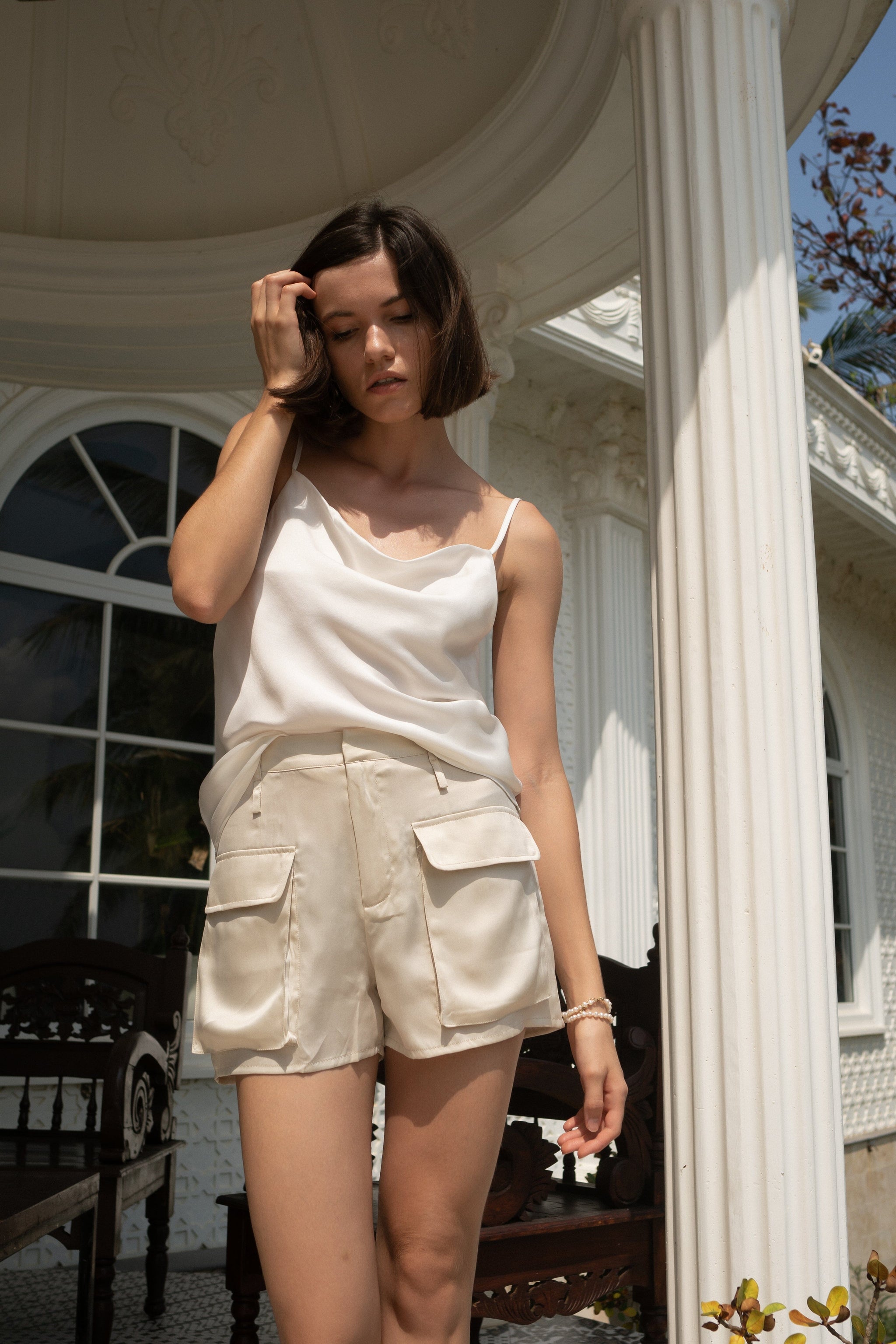 Silk cargo shorts discount
