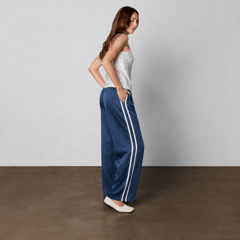 Anaphe Pants & Shorts Dark Denim Print / XS Dark Wash Denim Silk Track Pants White Stripes