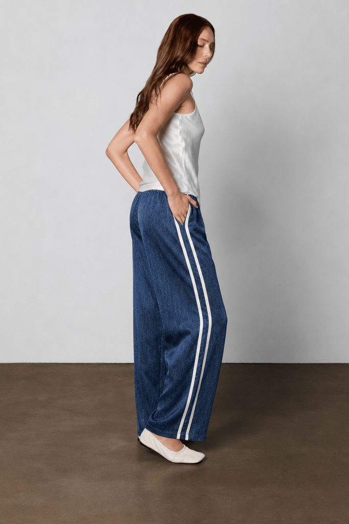 Anaphe Pants & Shorts Dark Denim Print / XS Dark Wash Denim Silk Track Pants White Stripes
