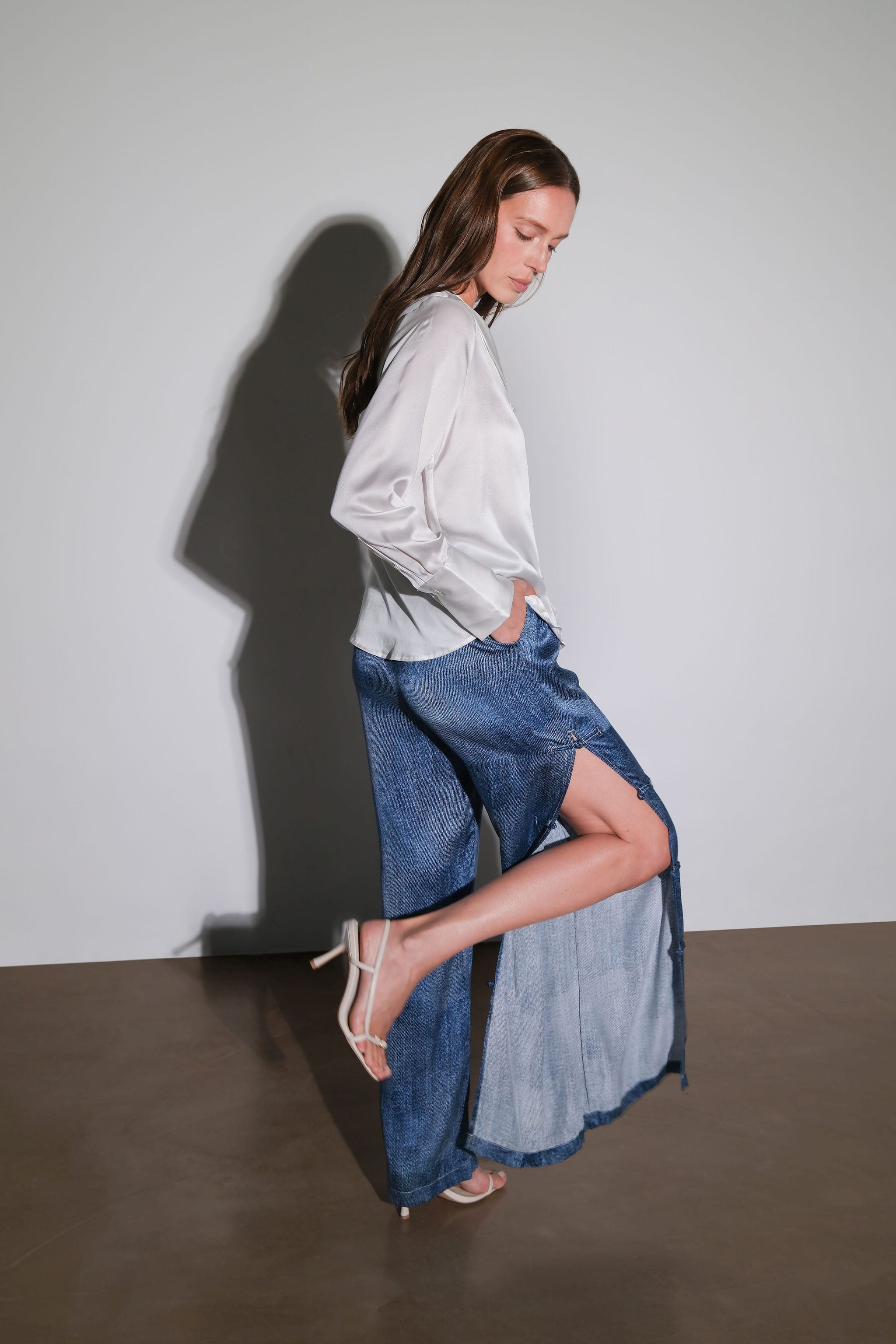 Anaphe Pants & Shorts Dark Denim Print / XXS (25” waist) Chinois Open Leg Silk Pant - Dark Denim
