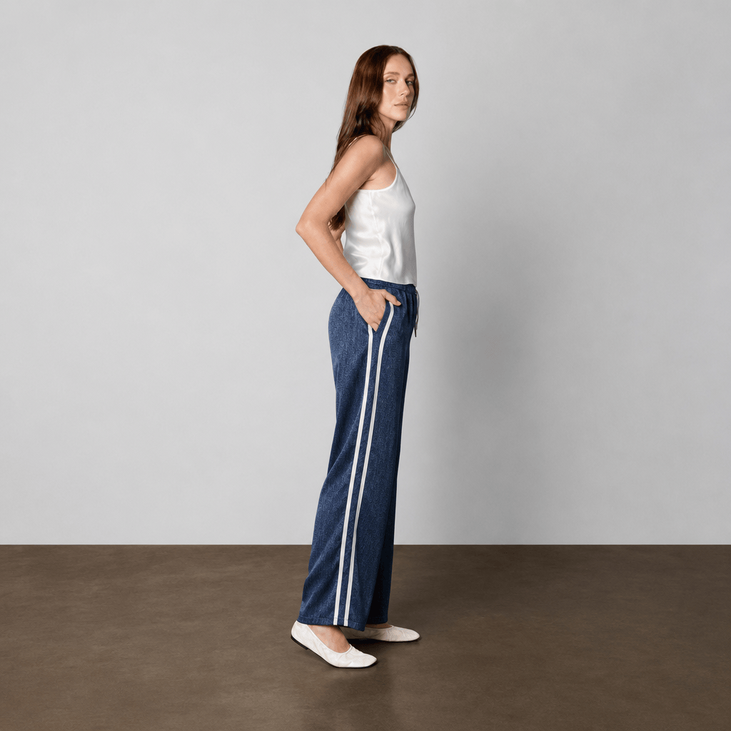 Anaphe Pants & Shorts Dark Wash Denim Silk Track Pants White Stripes