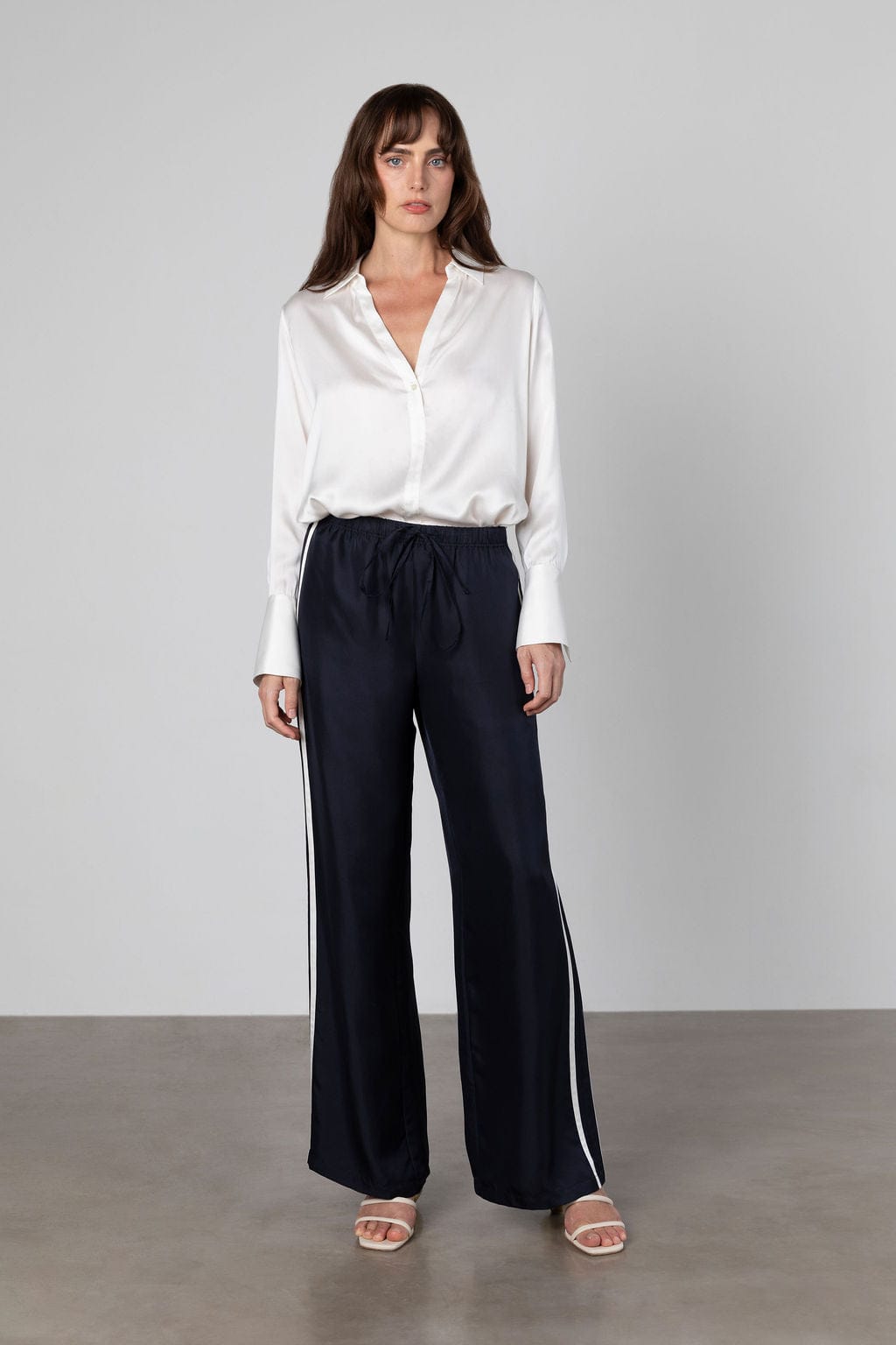 Anaphe Pants & Shorts Navy White Stripe / XS Sporty Silk Track Pants Navy Blue White Double Stripes- Twill Silk