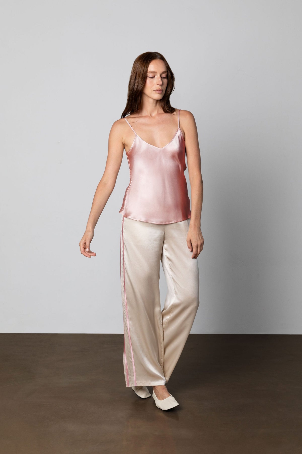 Anaphe Pants & Shorts Sporty Silk Track Pants Champagne with Blush Pink Double Stripes - Atelier