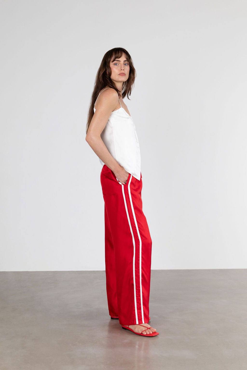 Anaphe Pants & Shorts Sporty Silk Track Pants Red White Double Stripes - Twill Silk