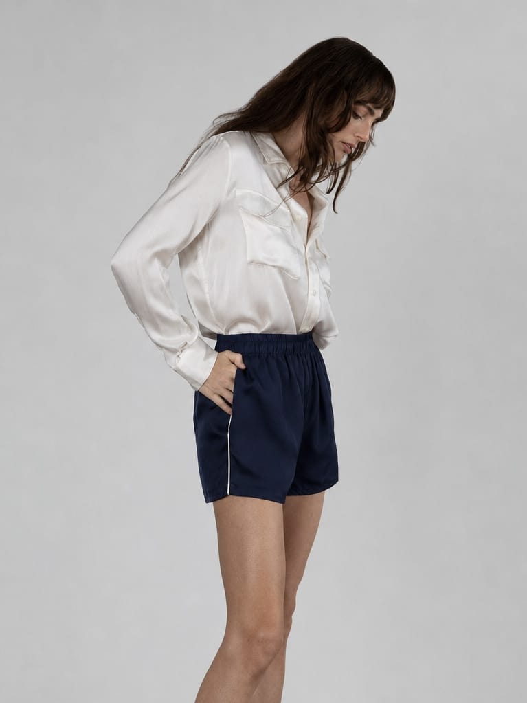 Anaphe Pants & Shorts Sporty Silk Track Shorts Navy White Piping- Twill Silk