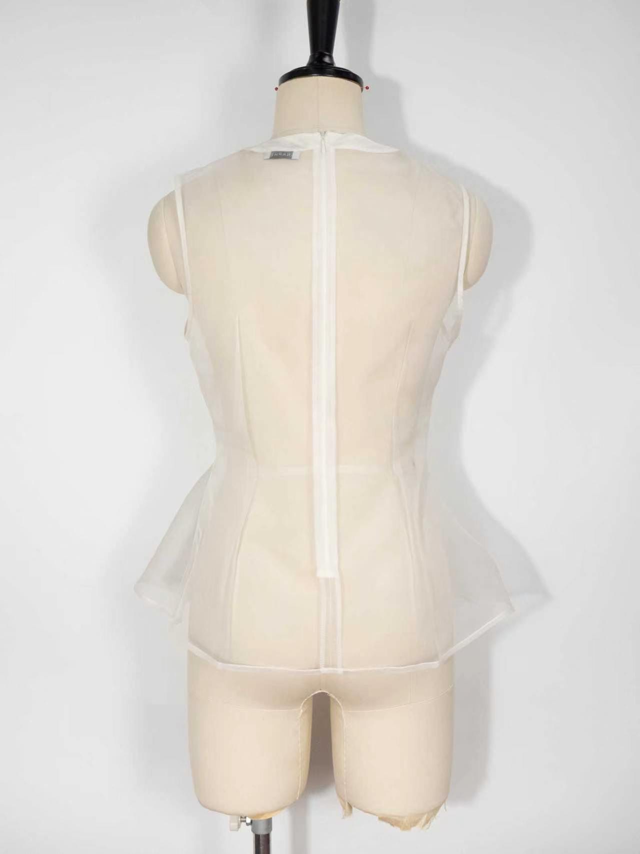 Anaphe Shirts & Tops Peplum Sheer Organza Silk Structured Top, White Sheer