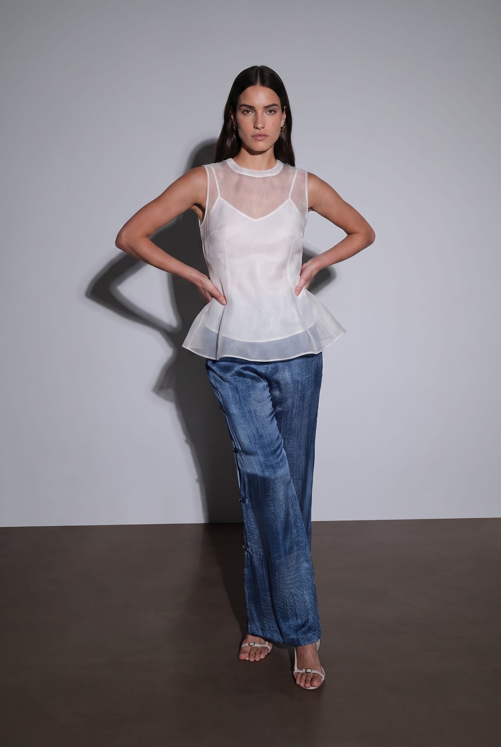 Anaphe Shirts & Tops Peplum Sheer Organza Silk Structured Top, White Sheer