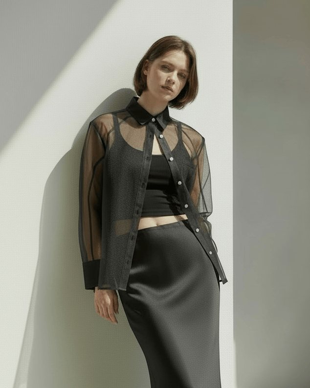Anaphe Shirts & Tops Sheer Organza Silk Structured Shirt, Black Sheer - Atelier