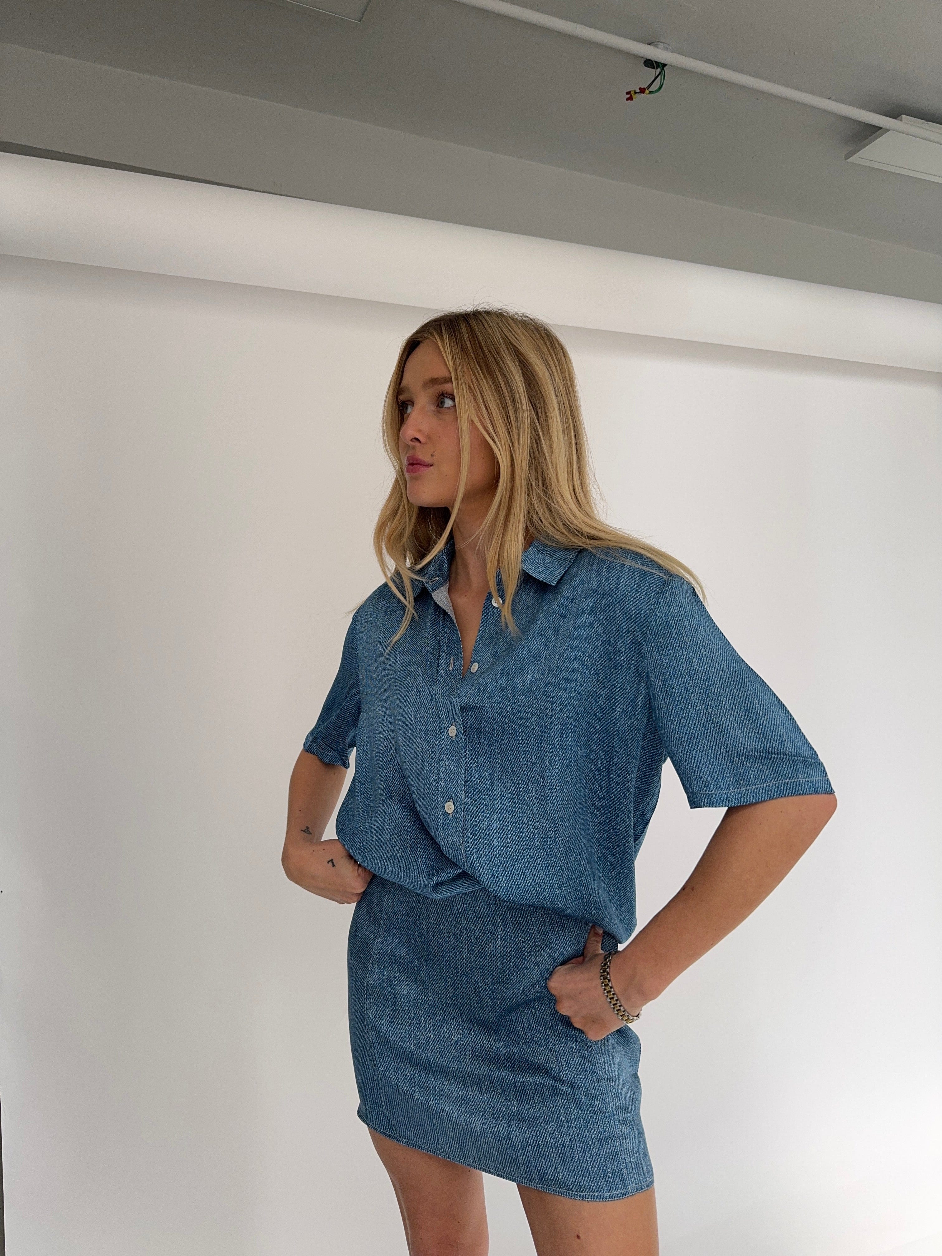 Anaphe Skirts Denim Print Silk Mini Skirt - Dark Denim Wash